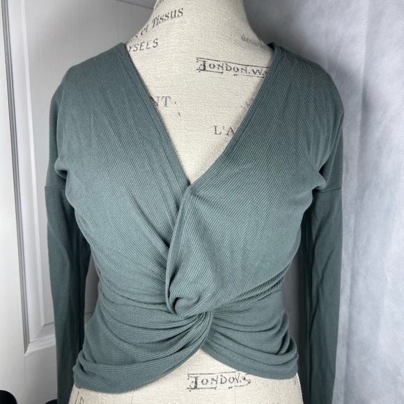 Vici Collection Sage Green Surplice V Neck Twist Front Faux Wrap Knit Top Size S - Picture 2 of 6